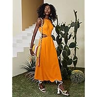 Women's Casual Ladies Comfort Dresses Cutout Tie Back Solid Dress Leisure Perfect Comfortable Eye-catching (Color : Orange, Size : X-Small)