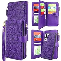 Harryshell Detachable Magnetic Zipper Wallet Leather Case with Cash Coin Pocket 12 Card Slots Holder Wrist Strap Lanyard for Samsung Galaxy S23+ S23 Plus 5G (2023) (Flower Purple)