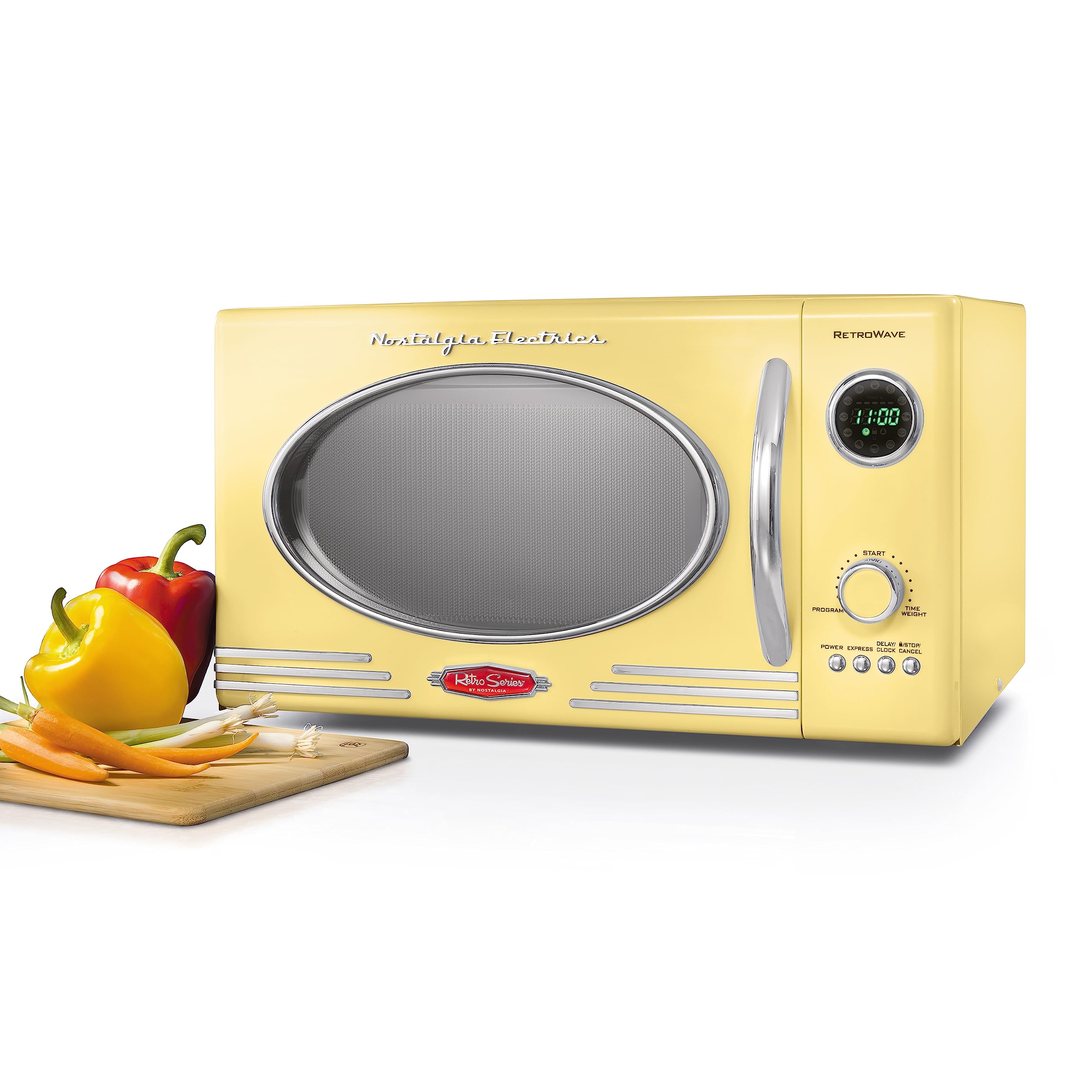 Nostalgia Retro Microwave - Countertop Microwave Oven - Includes 12 Pre-Programmed Settings and Digital Clock - 0.9 CU Ft. - 800 Watts - Yellow