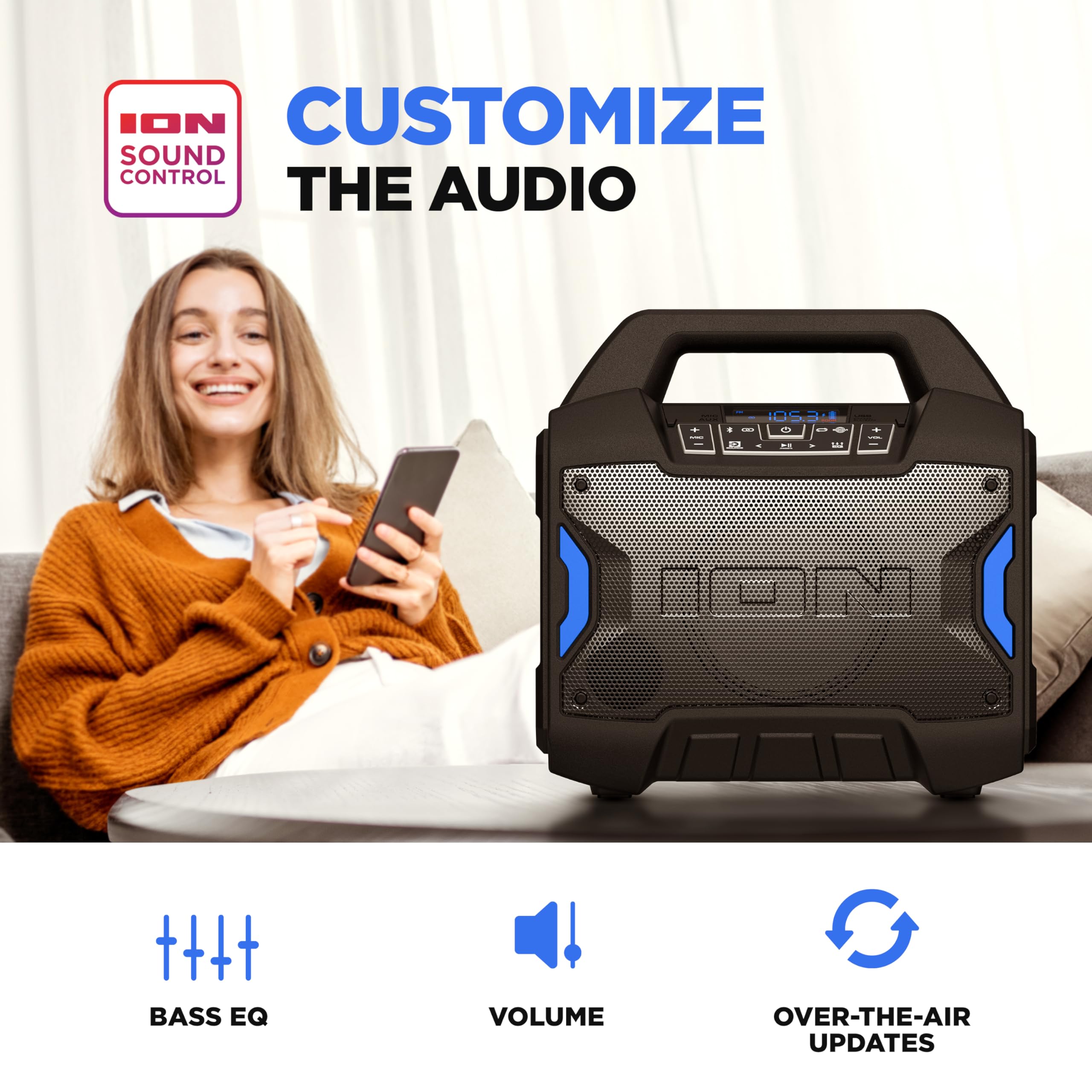 ION Tailgater Boom - Outdoor Portable Bluetooth Speaker with Mic in, FM Radio, USB Port, Battery, IPX5 Water-Resistant, Wireless Stereo-Link, App, 60W