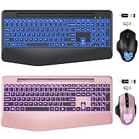 SABLUTE 2 Pack Black & Rose Gold Wireless Keyboard and Mouse Combo Backlit, Jiggler Mouse, Ergonomic Rechargeable Duo with Wrist Rest, Phone Holder, Silent Light Up Cordless Set for Windows, Mac