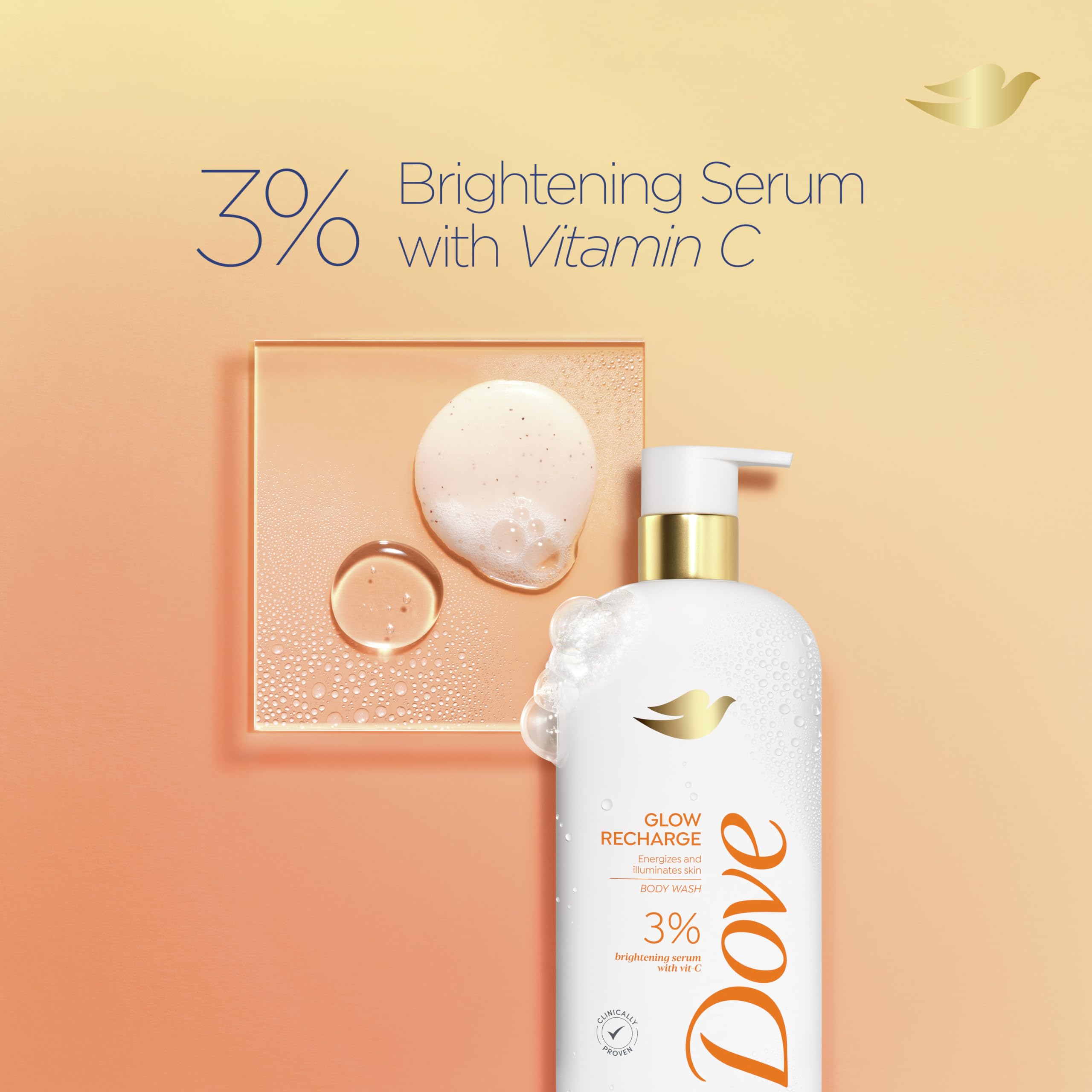Dove Exfoliating Body Wash Glow Recharge Energizes & illuminates skin 3% brightening serum with vitamin C 18.5 oz