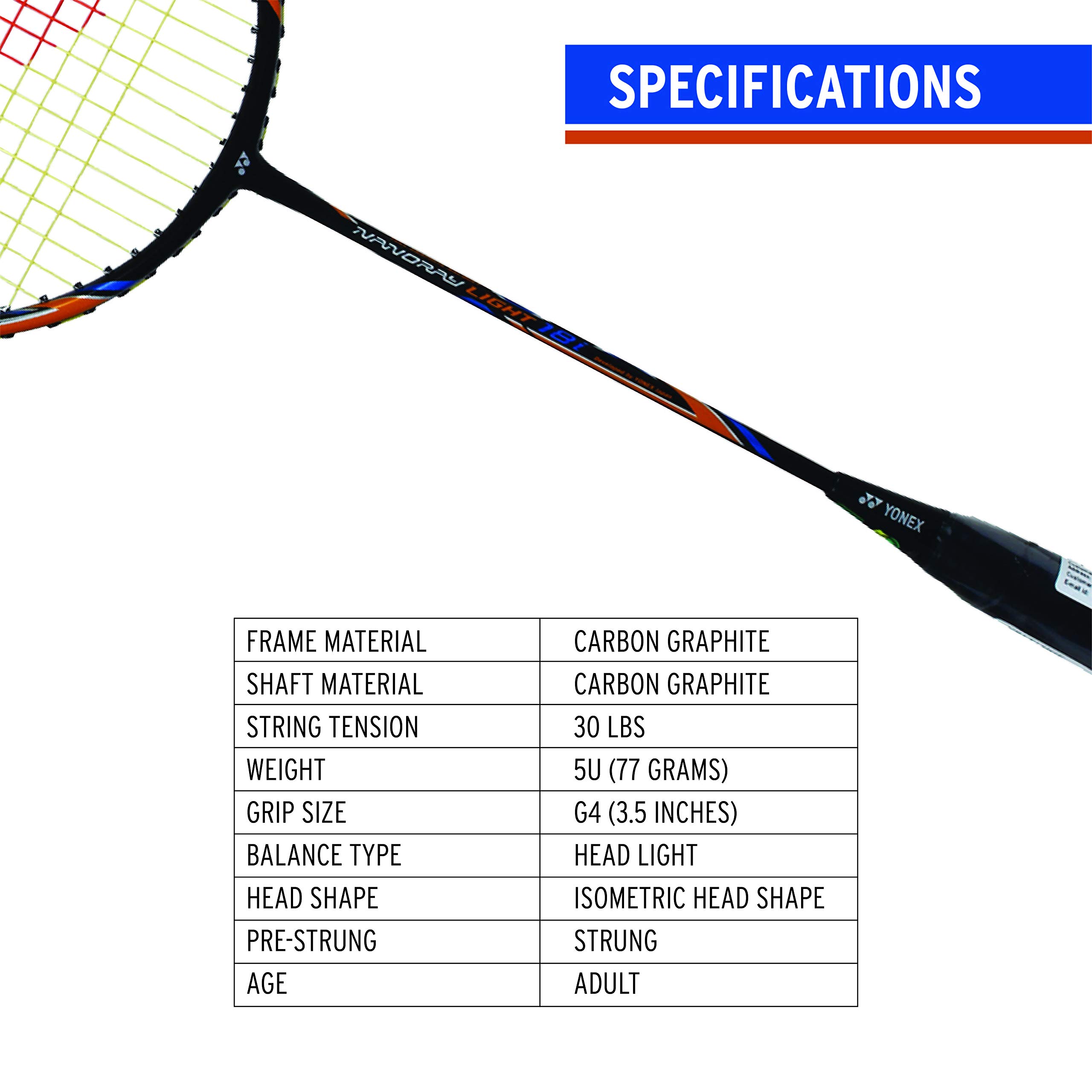 Yonex Nanoray Light 18i Graphite Badminton Racquet 77g, 30 lbs Tension Black 