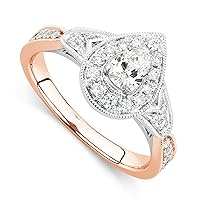 Art Deco 1.10 Cttw Pear Shape Single Solitaire Engagement Promise Round Brilliant Diamond Halo Cluster Bridal Wedding Ring Cz in 14K White-Rose Gold Plated Solid Sterling Silver
