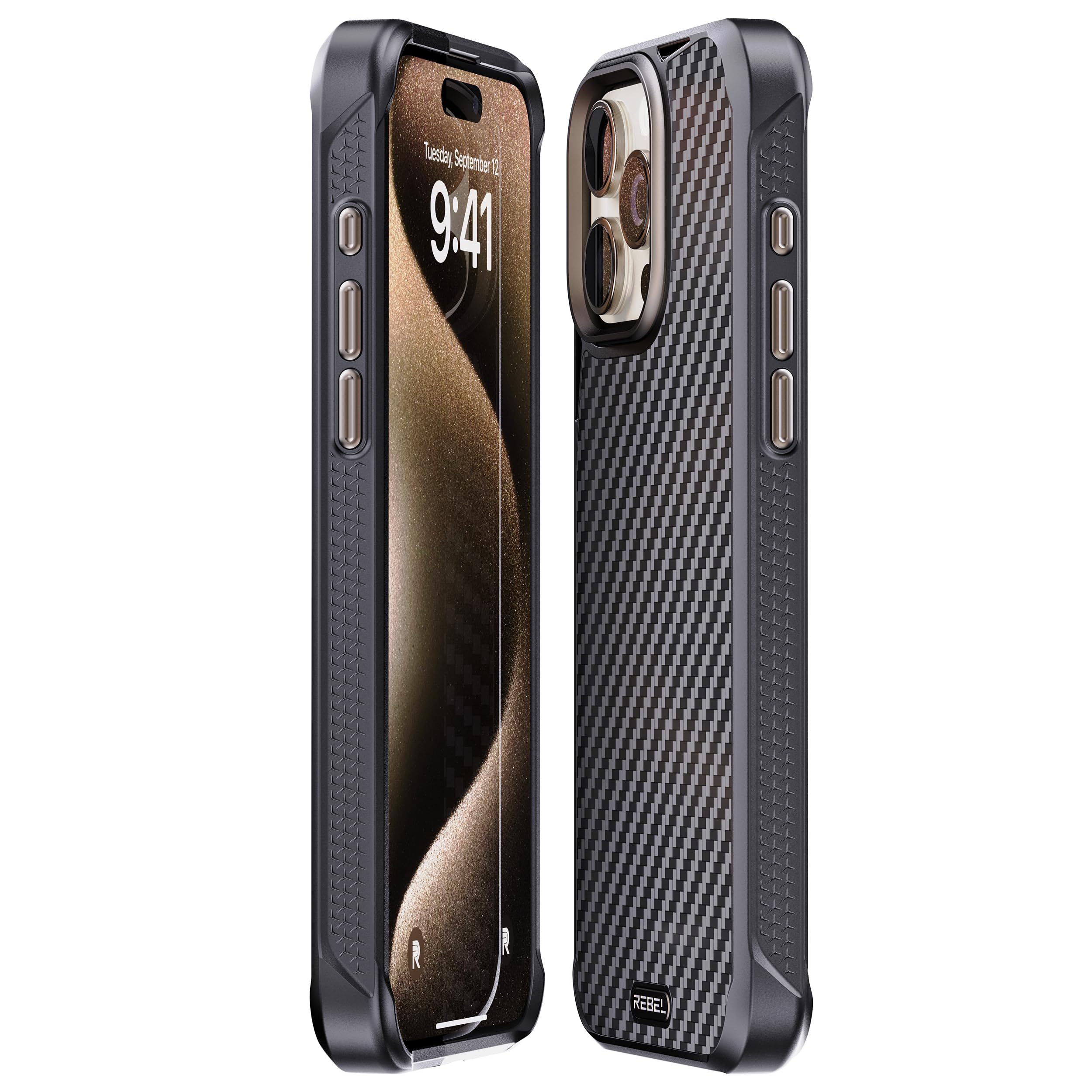 REBEL Case for iPhone 15 Pro Max [Gen-5 Aramid Fiber] Strong MagSafe  Compatible, Grippy Sides, Shockproof Corners, Metal Lens + Buttons,  Upgraded