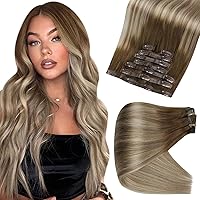 Full Shine Clip in Hair Extensions Brown Blonde Human Hair 22 Inch Pu Weft Clip in Extensions Remy Hair Dark Brown Fading to Brown Highlights Blonde Fast Wear Real Human Hair Extensions 120Grams