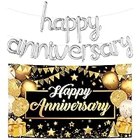 KatchOn, Happy Anniversary Banner Black and Gold - XtraLarge, 72x44 Inch | Silver Happy Anniversary Balloons - 16 Inch | Silver Happy Anniversary Sign, Black and Gold Wedding Anniversary Decorations