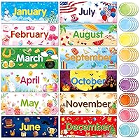48 Pack Holiday Monthly Headliners 12 Months of The Year Bulletin Board Set Seasonal Monthly Headers Month Calendar Cards with 36 Round Colorful Cutouts for Classroom School Decorations