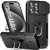 Case for iPhone 15 Pro Phone Case iPhone 15 Pro Case with Slide Camera Cover, with Finger Ring Holder Stand, fit Magnetic Car Mount, for iPhone 15 Pro - Black