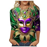 2024 Mardi Gras Shirt for Women Carnival Themed Outfit Party Mask Graphic 3/4 Sleeve Tunic Tops Crewneck Parade Blouse Tshirt