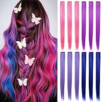 12 PCS Colored Clip in Hair Extensions Hair Pieces Straight Clip in Hair Extensions for Woman Multi-Colors Party Highlights Hairpieces(Pink Purple Blue Lavender)