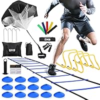 GHB Agility Ladder,Football Training Equipment Set,4 Agility Hurdles, 20 feet12 Rungs Speed Ladder,12 Disc Cones,Resistance Parachute, Jump Rope, 4 Resistance Bands