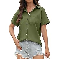 CUNLIN 100% Cotton Short Sleeve Shirts for Women Button Down Shirt Womens Blouses Casual Summer Tops with Pockets