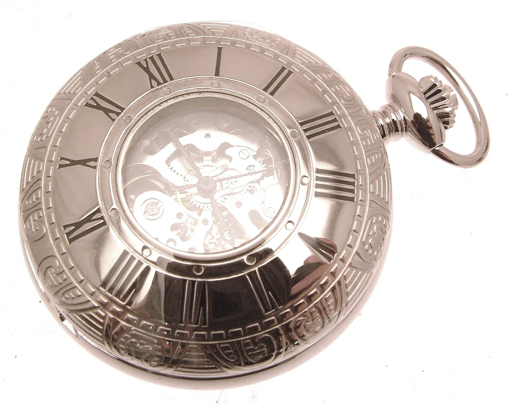 Silver Colour Metal cased Half Hunter Pocket Watch with Window, Chain and fob
