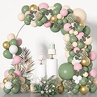 Ouddy Life Sage Green Balloon Garland Arch Kit, Olive Sage Green Balloons Birthday Baby Shower Decorations of Blush Pink White and Gold Confetti with Artificial Eucalyptus for Wedding Safari Party
