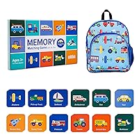 Wildkin 12-inch Backpack and Memory Matching Game Transportation (36 pc) Bundle: Boost Memory Educational Card, and Comfortable Kids Backpack (Trains, Planes & Trucks)