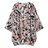 Women's Plus Size Oversized Tops Print Sheer Chiffon Loose Kimono Cardigan Capes Sun Protection Tops Casual