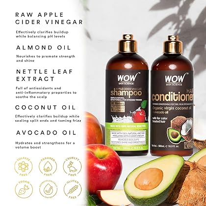 WOW Skin Science Apple Cider Vinegar Shampoo & Conditioner Set with Coconut & Avocado Oil - Men and Women Gentle Shampoo Set - Hair Growth Shampoo for Thinning Hair & Loss - Sulfate & Paraben Free