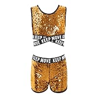 Kid Girls Sequins Camisole Jazz Hip Hop Ballet Dance Crop Top and Gymnastic Shorts Set Tracksuit Cheerleading Dancewear