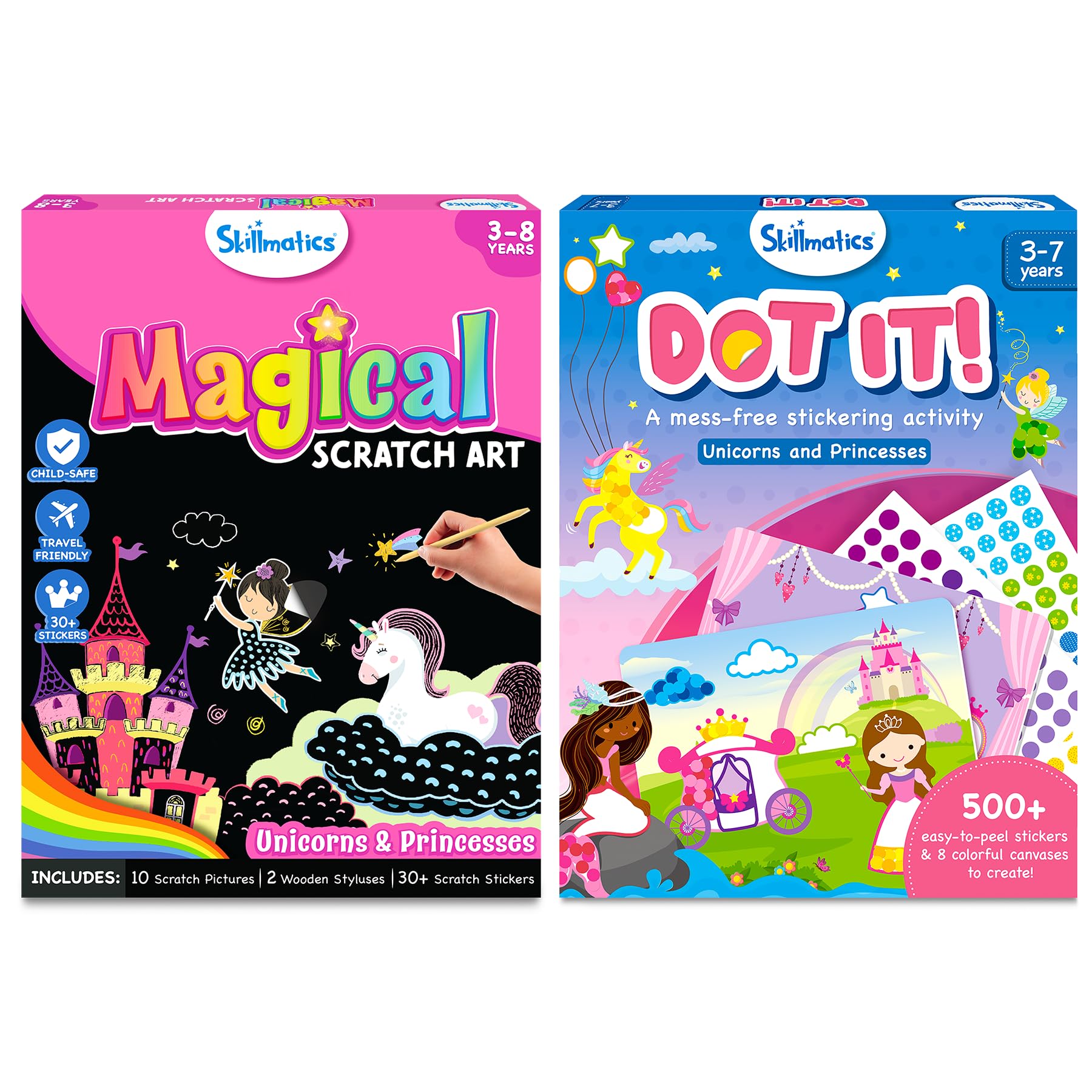 Skillmatics Dot It & Magical Scratch Art Book Unicorns & Princesses Theme Bundle, Art & Craft Kits, DIY Activities for Kids, Gifts for Ages 3 and Up