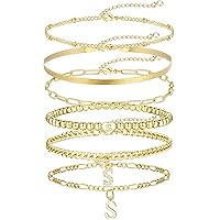 6 Pcs Gold Bracelets for Women Girls Trendy, 14K Real Gold Plated Stackable Initial Chain Bracelets Set Adjustable, Dainty Stretch Beaded S Letter Bracelet for Gifts