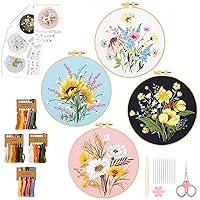 EEEKit Set of 4 Floral Pattern Embroidery Kit for Beginners, Flower Embroidery Stitch Set with Embroidery Needle Embroidery Hoop, DIY Cross Stitch Kit Tools for Adults Art, Crafts, Sewing