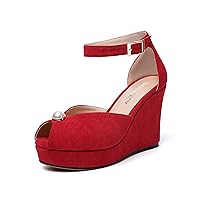 SKYSTERRY Womens Dress Platform Peep Toe Buckle Evening Ankle Strap Suede Wedge High Heel Pumps Shoes 4 Inch