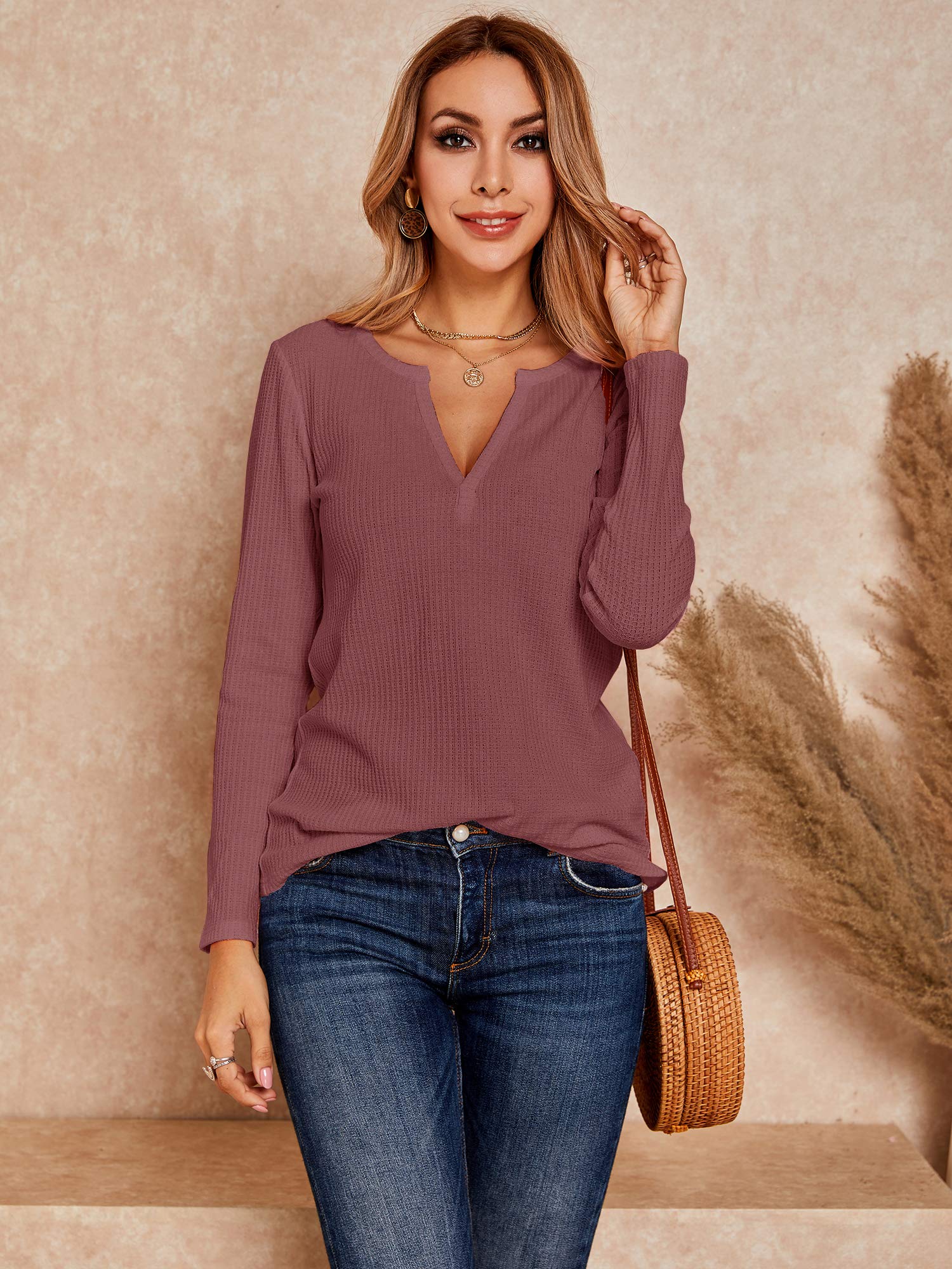 Womens V Neck Waffle Knit Shirts Long Sleeve Loose Fitting Warm Tee Tops Sweaters Pullovers
