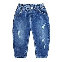 KIDSCOOL SPACE Little Girls Ruffled Elastic Waist Diagonal Pocket Denim Pants