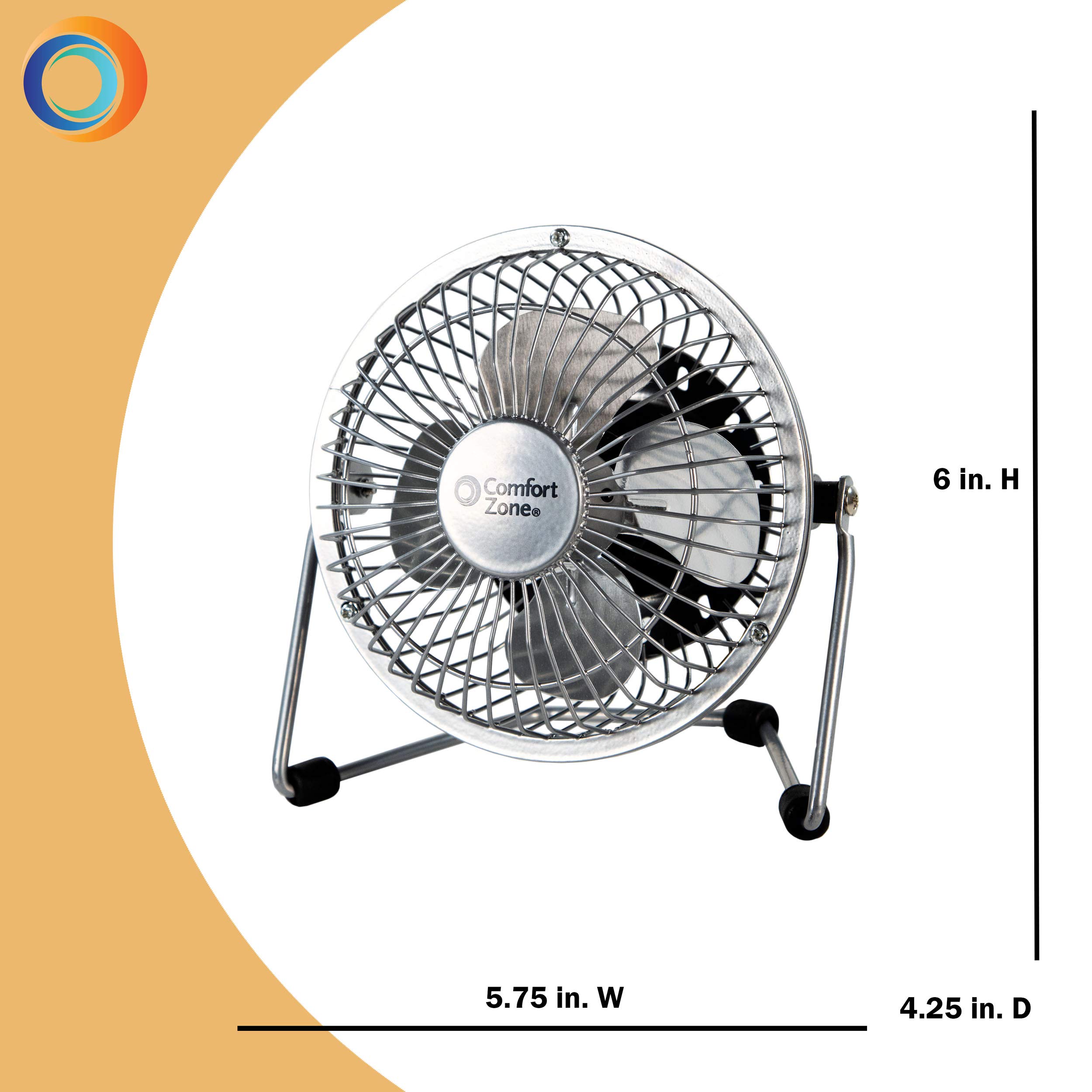 Comfort Zone CZHV4S 4” Dual Powered (USB or Power Cord) Portable Desk Fan with 360-Degree Adjustable Tilt, All-Metal Construction, Silver