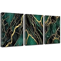 QIXIANG Green Gold Marble Canvas Wall Art 3 Piece Abstract Dark Green Golden Lines Picture Prints for Living Room Home Decor Framed (Dark Green,12.00
