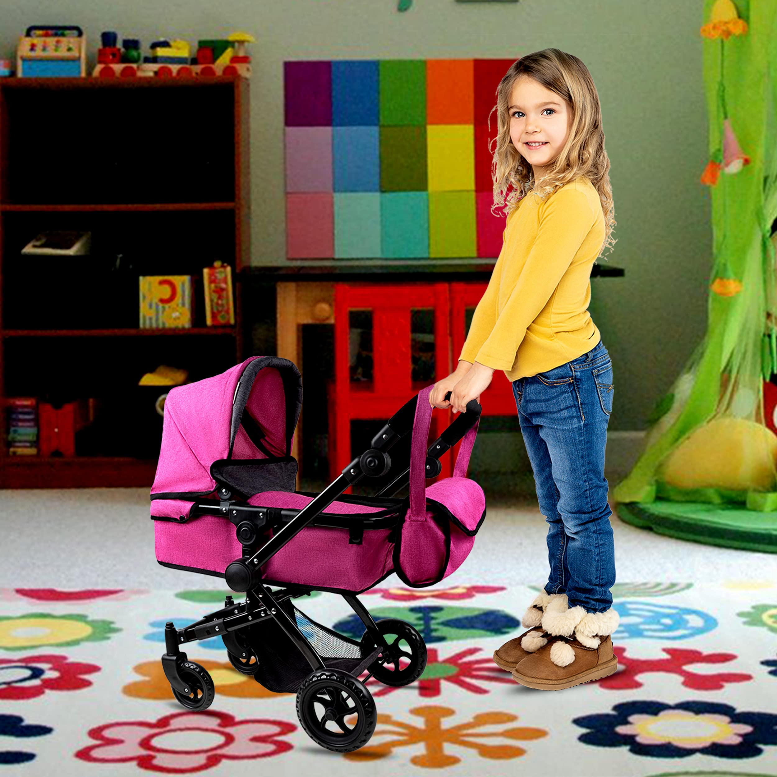 Fash n Kolor Baby Doll Stroller My First Foldable Doll Stroller in Denim Hot Pink Design, Bassinet Stroller with Baby Doll Adjustable Handle, Convertible Seat, Basket, and Free Carriage Bag