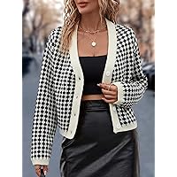 Women's Cardigans Allover Pattern Drop Shoulder Cardigan (Color : Black and White, Size : Small)