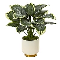 Nearly Natural 22in. Variegated Hosta Artificial Cream Planter with Gold Base Silk Plants, Green