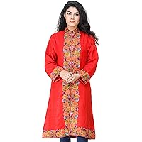 Flame-Scarlet Long Jacket from Kashmir with Chain-Stitch Hand-Embroidered Multi-Colored Flowers