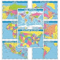 Educational Placemats for Kids Set of 8 World Map Placemat Non Slip Washable Eat Table Mat USA, Europe, Asia, Africa, South America, Central America, Canada Maps for Primary School Dining Table