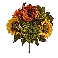 Nearly Natural 16in. Peony, Dahlia and Sunflower Artificial Flower Bouquet (Set of 2)