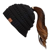 C.C Exclusives Soft Stretch Cable Knit Messy Bun Ponytail Beanie Winter Hat for Women (MB-20A)