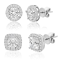 Lesa Michele 925 Sterling Silver Cushion & Round Shaped Cubic Zirconia Halo Stud Earrings for Women 2 Pair Earring Set
