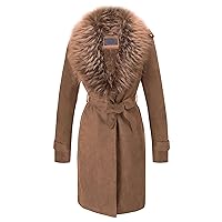 Bellivera Women Faux Leather Trench Coat Fleece-Lined Mid-length Jacket with Detachable Fur Collar