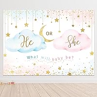 He Or She Gender Reveal Backdrop 8Wx6H Photography Boy or Girl Pink Cloud What Will Baby Be Background Gold Stars Moon Cute Lovely Newborn Party Decorations Banner Photo Booth Props Supplies