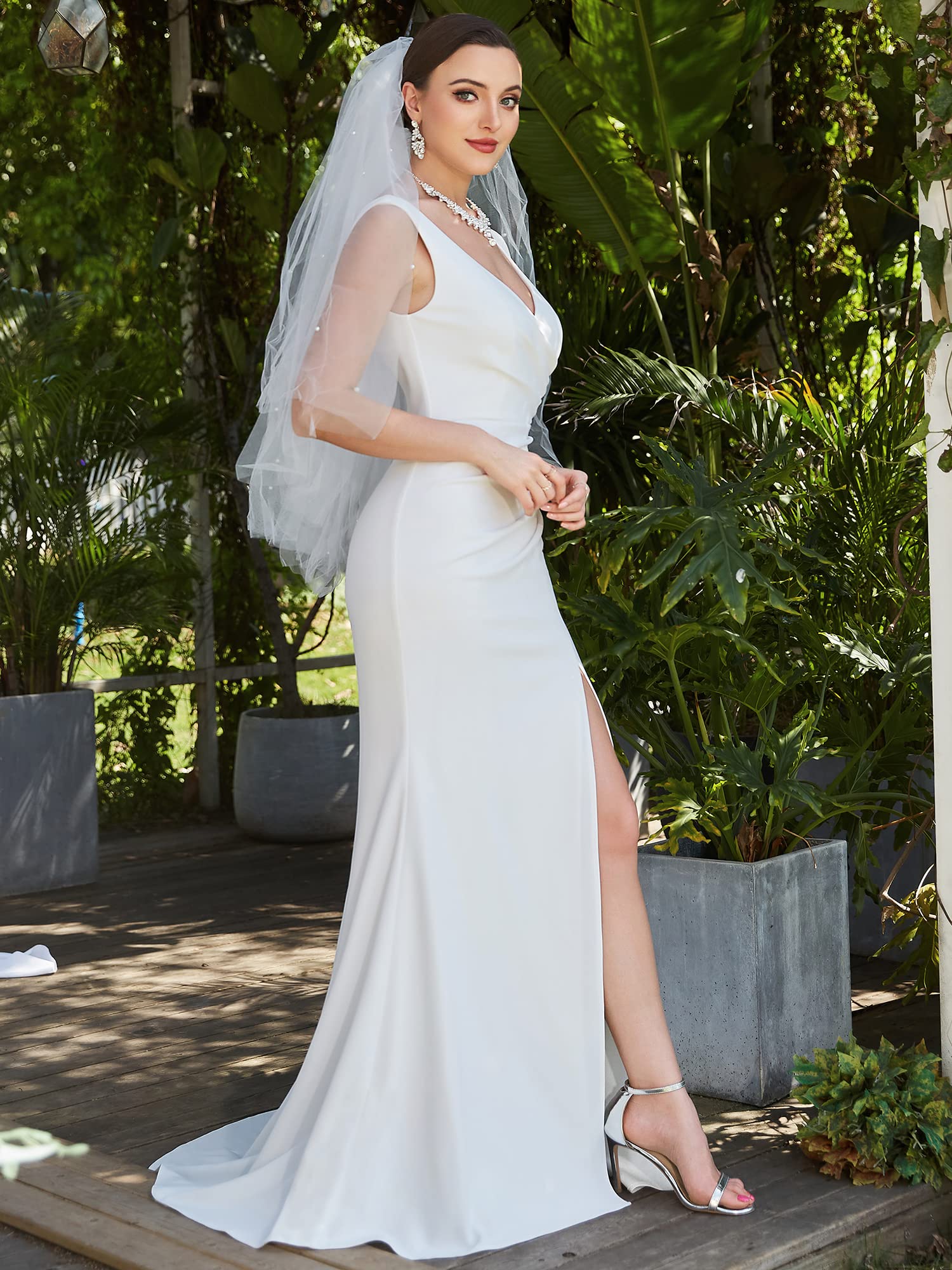 Ever-Pretty Women's V-Neck Bodycon Side Slit Long Wedding Dresses for Bride White 0121B