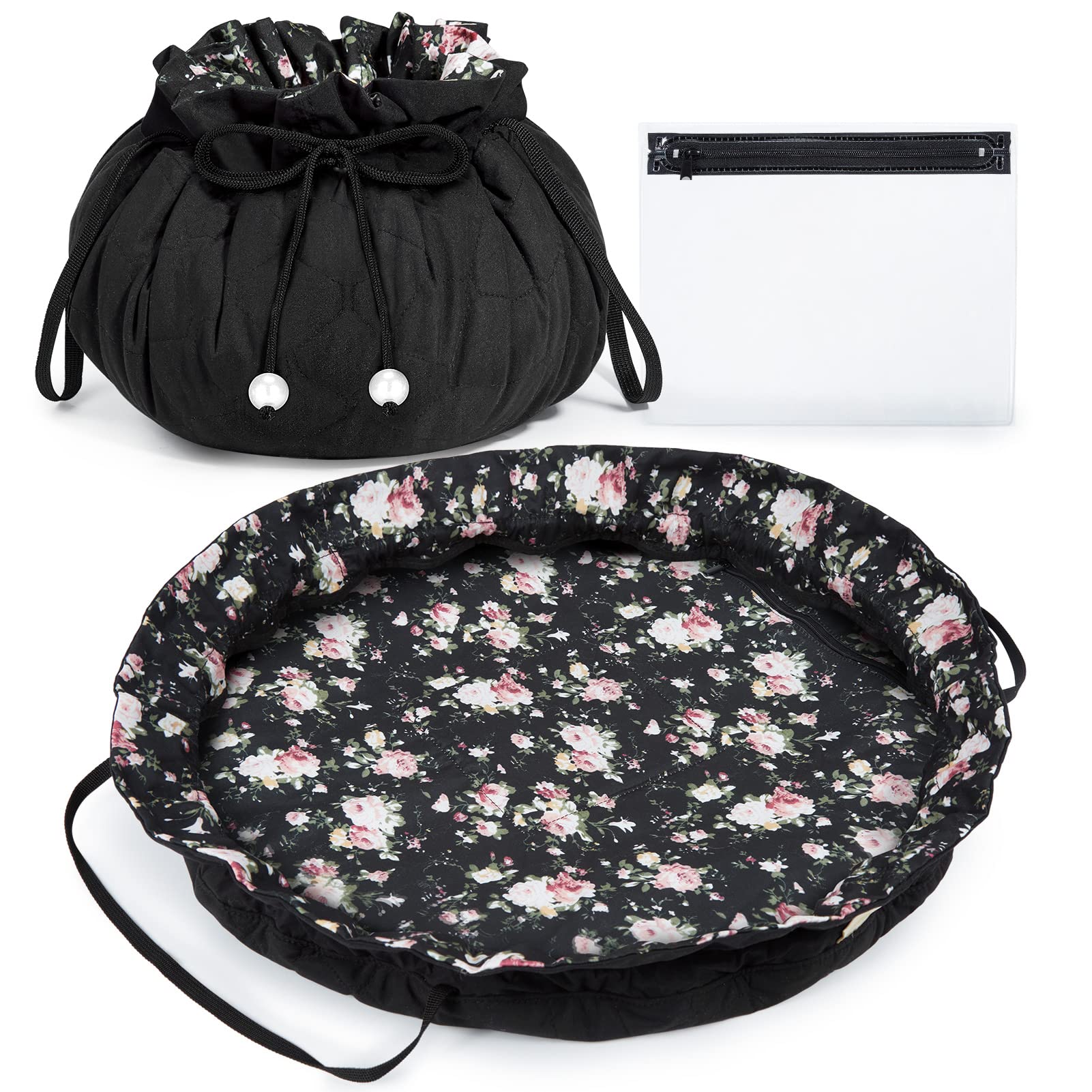 BAGSMART Drawstring Makeup Bag, Cosmetic Bag, Travel Makeup Organizer Case with Clear Pouch Set, Make Up Bags for Women Portable Toiletries Accessories Brush Floral (Black)