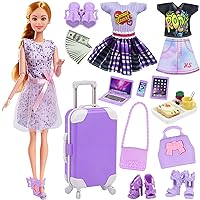 18INDC 17 Pcs Doll Clothes and Accessories Suitcase Travel Set - Miniature Laptop Computer Tablet Phone, Suitcase,Backpack Bag,Clothes Set,Shoes,Telescope,Dollars,Omelette Toast Set for 11.5“ Doll