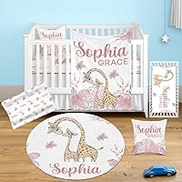 Personalized Giraffe Crib Bedding Set for Girls: 5 Piece Pink Mini Crib Bedding Set with Custom Name - Customized Gift Baby Girl Blankets Newborn Set with Baby Crib Sheet