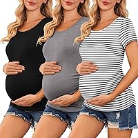 Ekouaer Womens Maternity Shirts 3 Packs Side Ruched Pregnancy Tee Top Tunic Blouse Casual Mama Clothes S-XXL