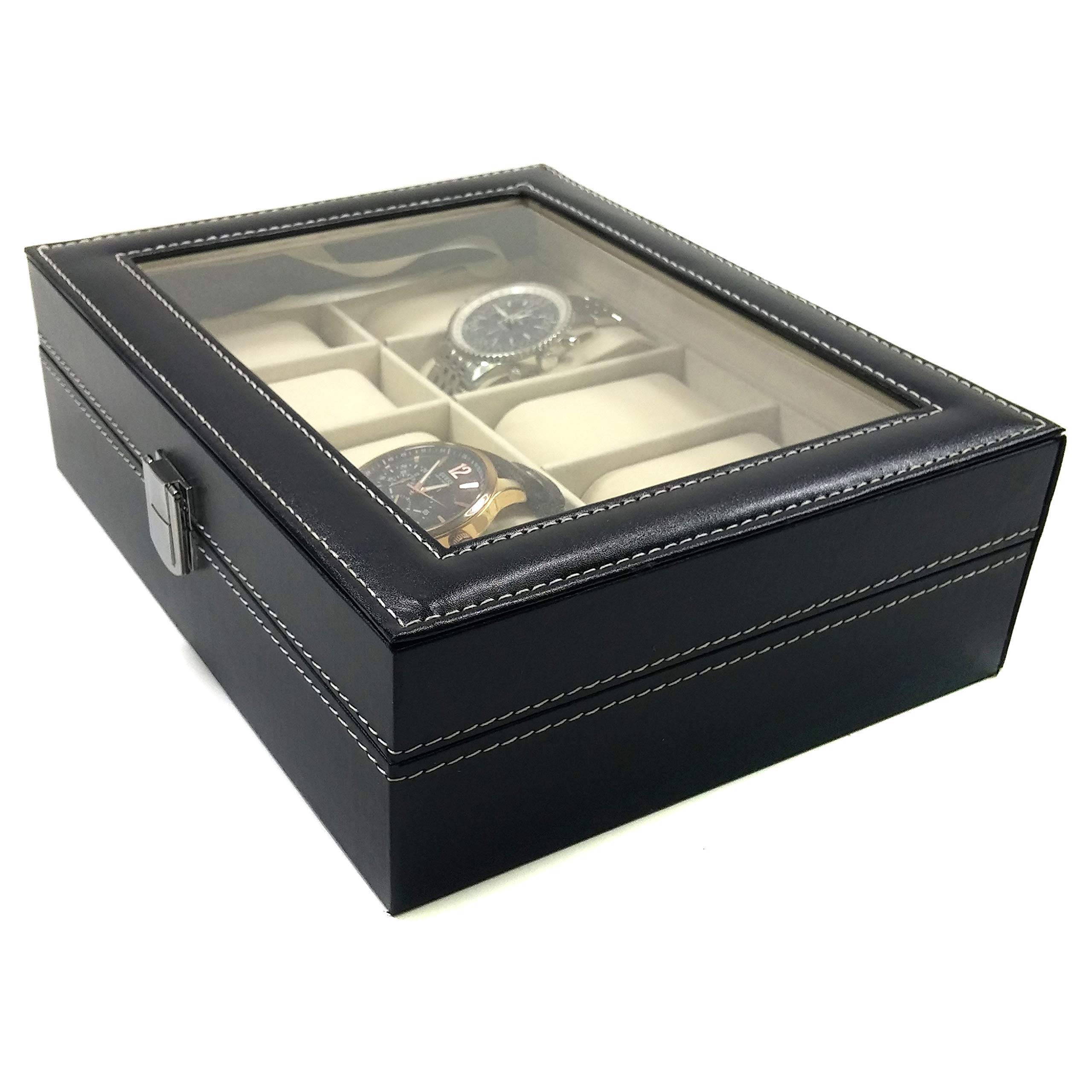 SciencePurchase Faux Leather Display Glass Top Jewelry Case Organizer, 10 Mens Watch Box, Black