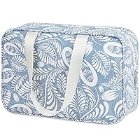 Full Size Toiletry Bag Women Large Cosmetic Bag Travel Makeup Bag Organizer Medicine Bag for Toiletries Essentials Accessories (Large, Blue Leaf)