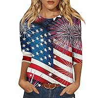 4th of July Shirts Summer Three Quarter Sleeve T Shirt for Womens Crewneck USA Printed Flag Day Tops