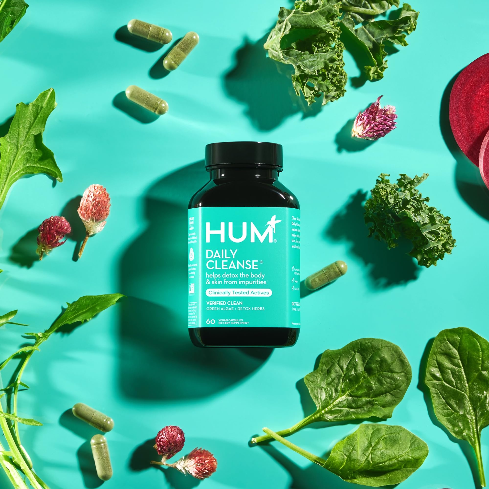HUM Daily Cleanse Acne Supplements - Support for Clear Skin & Improved Digestion with Organic Algae, Detoxifying Herbs, Vitamins & Minerals - Skin Supplement for Women and Men (60 Vegan Capsules)